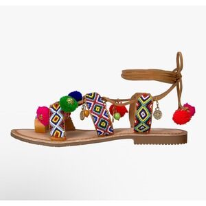 Chinese Laundry Boho Beaded festival Pom Pom Gladiator Wrap Sandals Size 9 *read